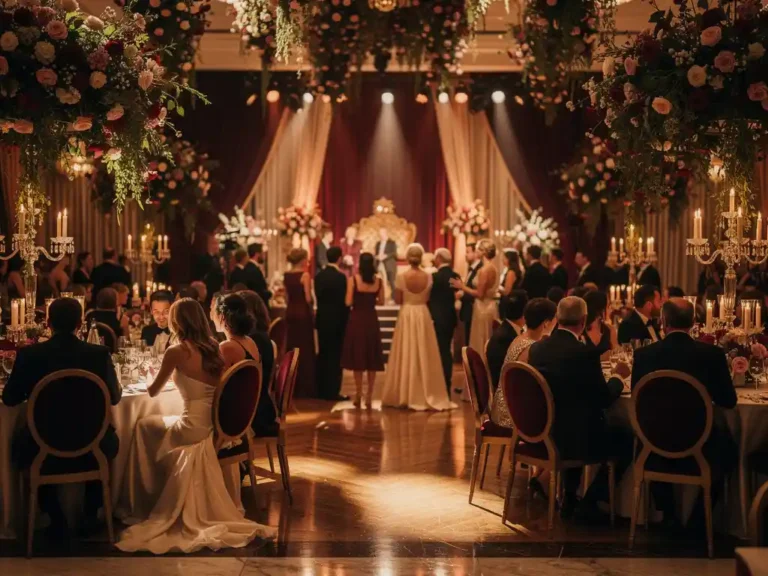Elegante galagasten mingelen onder bloeminstallaties en amberkleurige spotlights in een sfeervolle benefietzaal met bordeaux en champagnegouden tinten.