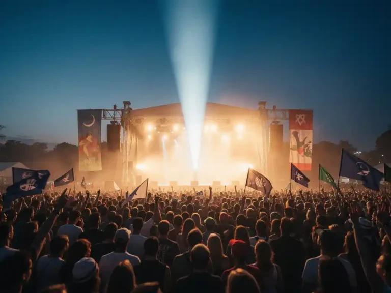 Grote menigte bij een bewustwordingsevenement in de schemering, met een krachtige spotlight op het podium en wapperende spandoeken.