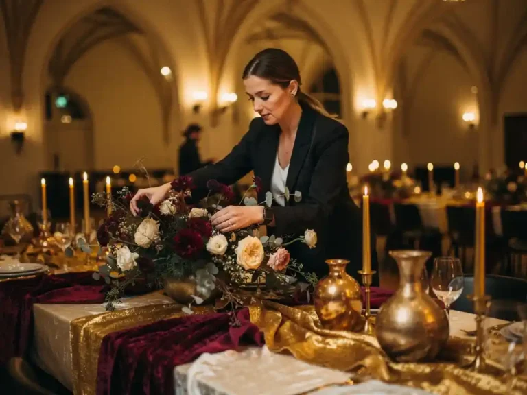 Eventstylist schikt dramatisch bloemstuk op feesttafel met kaarsen en gouden decoraties in Amsterdamse evenementenlocatie.