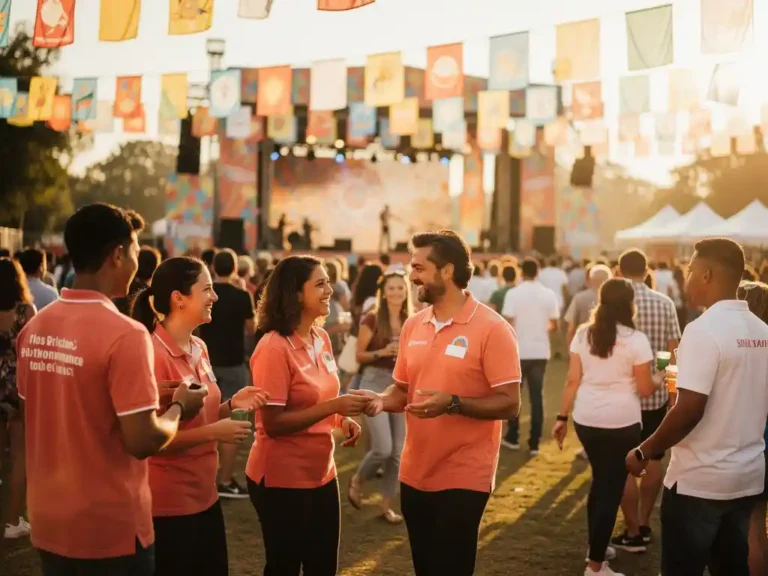 Diverse menigte bij een levendig buiten liefdadigheidsevenement, vrijwilligers in matching shirts bij een feestelijk versierde ingang in gouduur licht.