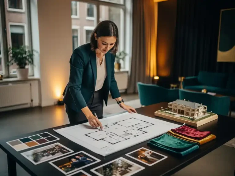 Eventcoördinator bestudeert plattegrond op productietafel omringd door moodboards, stoffenstalen en een venuemaquette in Amsterdams creatief studio.