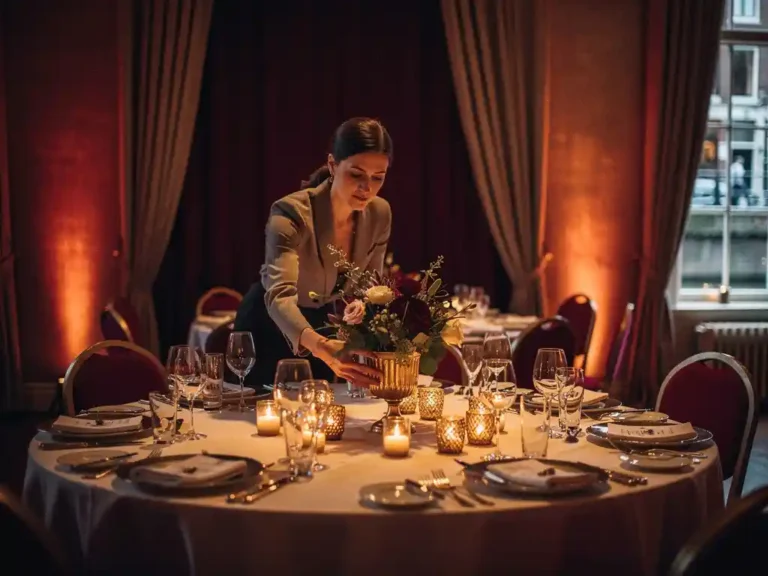 Eventcoördinator plaatst elegante tafeldecoratie in Amsterdamse feestzaal met gouden kandelaars en bordeauxrode sfeerverlichting.