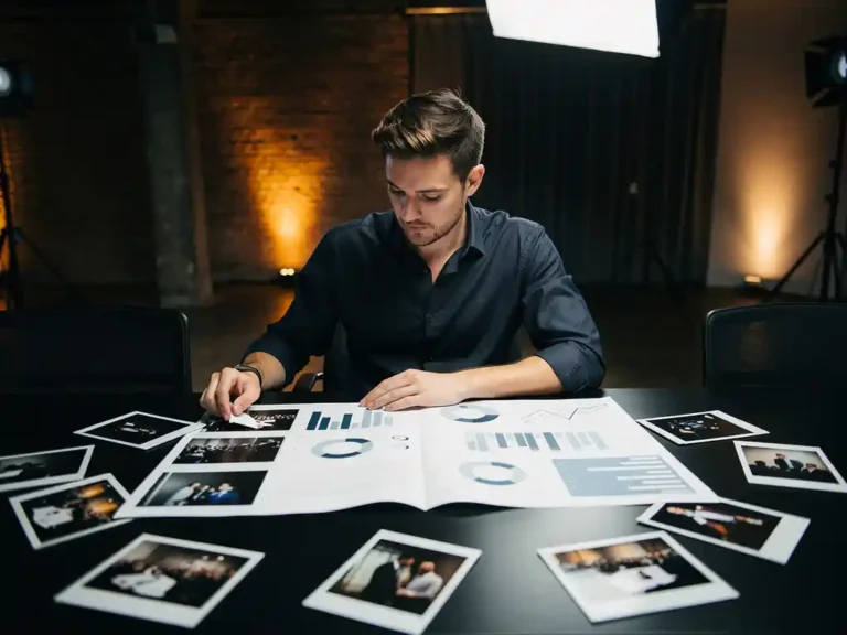 Eventproducent bestudeert uitgeprint analyserapport op zwarte vergadertafel met polaroidfoto's van bedrijfsevenement, warme sfeerverlichting op de achtergrond.