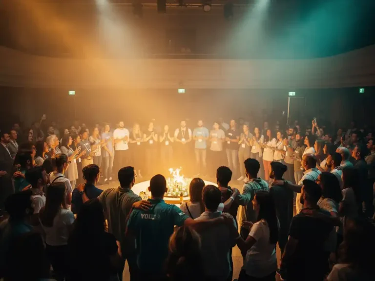 Diverse menigte rond verlicht podium tijdens indoor evenement, met vrijwilligers en sprekers in warm amberkleurig licht.