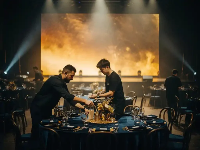 Crew leden richten elegante tafeldecoraties op in een donkere evenementenhal met warm amberkleurig LED-podiumlicht.