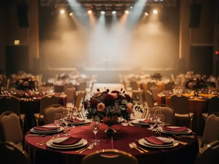 Feestzaal in opbouw met warme spotlights, sfeervol waas en een bloemstuk in bordeauxrood en amber als middelpunt tussen ronde tafels.