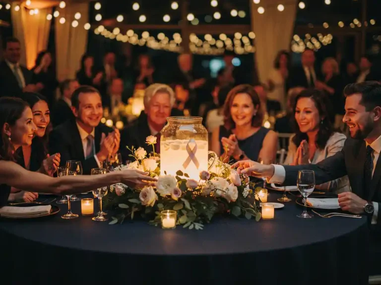 Gasten rond een verlichte donatiekan op een liefdadigheidsgala met sfeervolle kaarsen, slingers en marineblauw-amberkleurig décor.