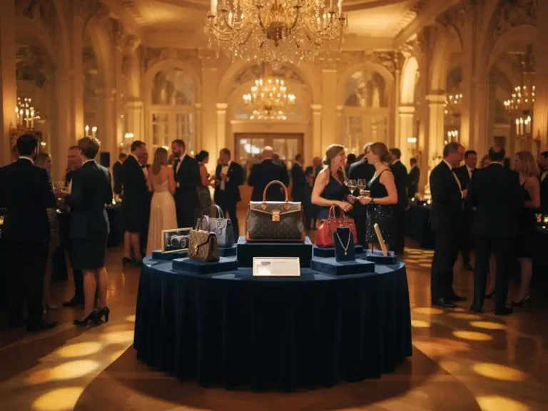 Elegante galagasten bij een verlichte veilingtafel in een Amsterdamse zaal met kroonluchters en gouden sfeerverlichting.