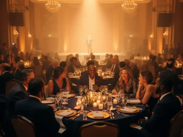 Publiek rondom verlicht podium tijdens benefietgala, met warme amber verlichting, elegante tafels en een spreker in het middelpunt.