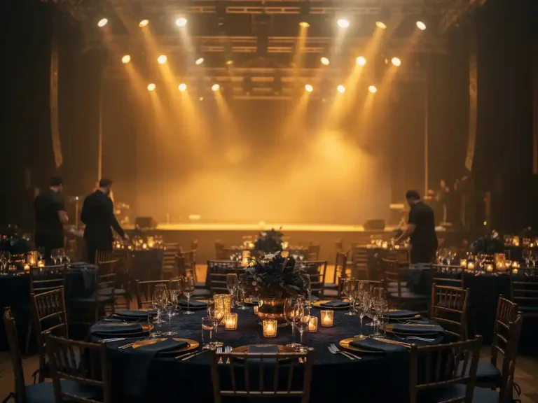 Eventhal in opbouw met gouden podiumverlichting, crew die centerpieces schikt op ronde tafels met donkerblauwe linnen, atmosferische nevel en kaarslicht.