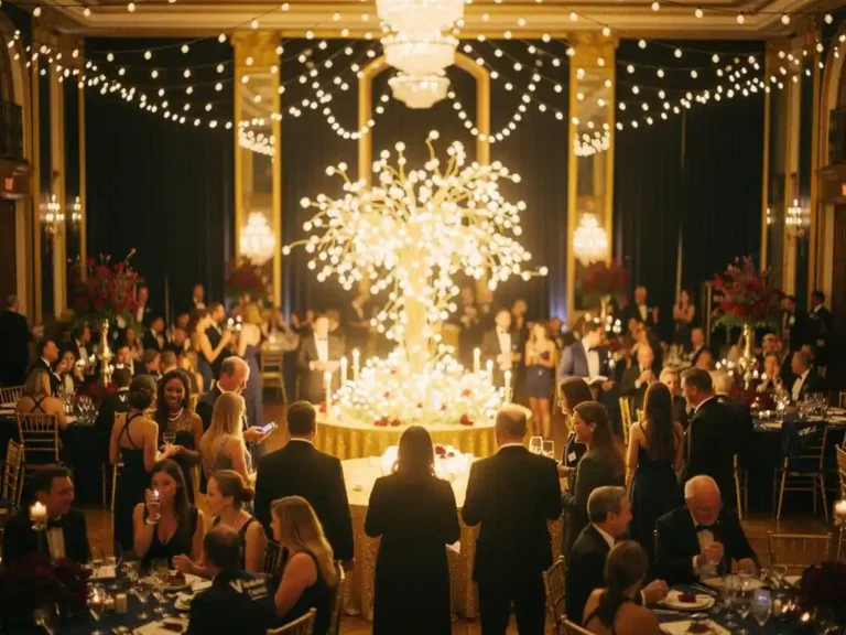 Feestelijke galagasten rondom een verlichte installatie in een elegante zaal met slingerverlichting, marineblauw en gouden sfeerverlichting.