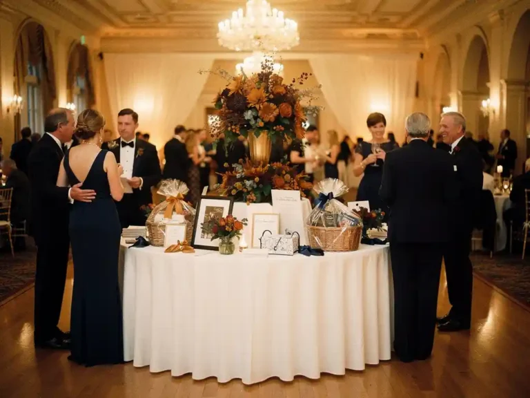 Elegante galagasten rond een veilingtafel met bloemen en donatie-items in een feestzaal met kroonluchters en amberkleurig licht.
