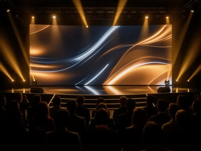 Groot LED-podiumscherm met dramatisch ontvouwende campagnebeelden, gouden spotlights op glanzende evenementvloer, gesil