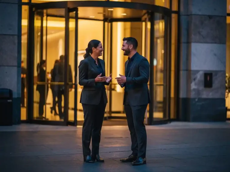 Twee professionals in gesprek bij de ingang van een evenementenlocatie in Amsterdam, warm gouden avondlicht door glazen deuren.