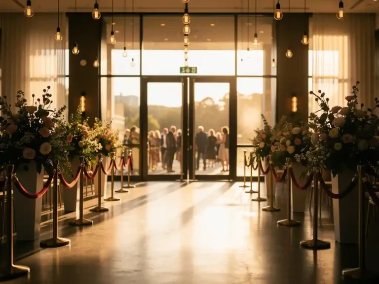 Elegante evenementenlocatie met fluweelrope barriers, bloemarrangementen en Edison-lampen tijdens een open dag in warm middaglicht.