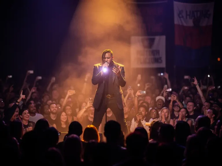 Performer op groot podium met gloeiende microfoon, omgeven door publiek en vage protestborden, paars-amberkleurig licht en sfeervolle haze.