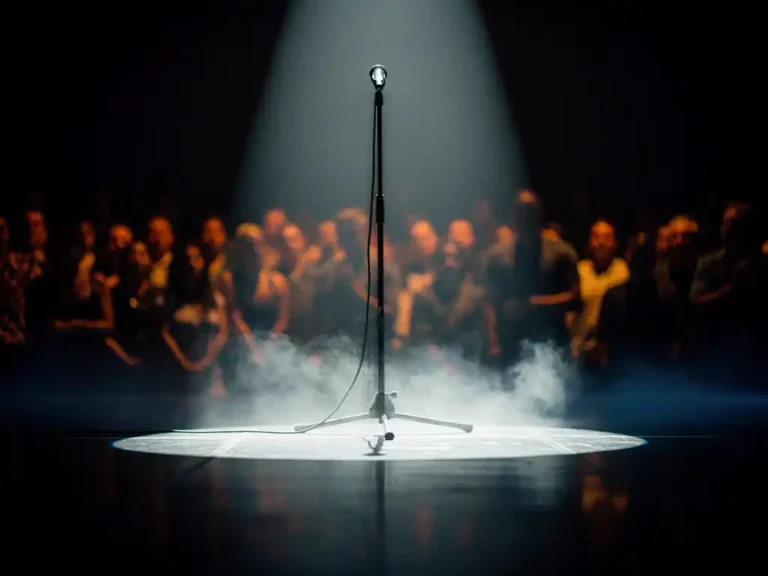 Spotlight op een microfoonstandaard op een verlicht podium, met rookwolken en silhouetten van publiek op de achtergrond.