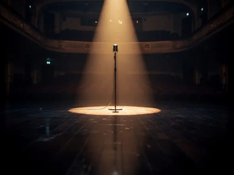 Enkele microfoon op donker podium verlicht door warme amber spotlight, lege zaal vervaagt in duisternis op de achtergrond.