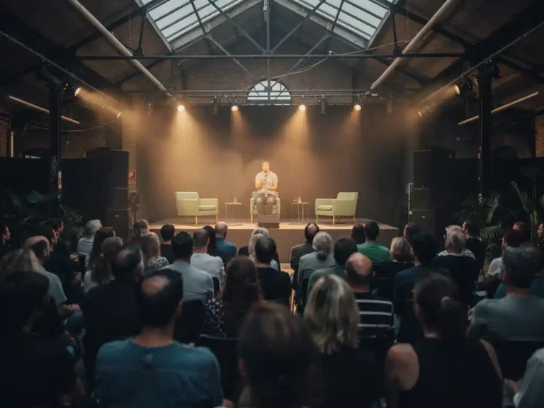 Diverse menigte luistert naar spreker op minimalistisch podium in Amsterdams pakhuis met warme amberverlichting.