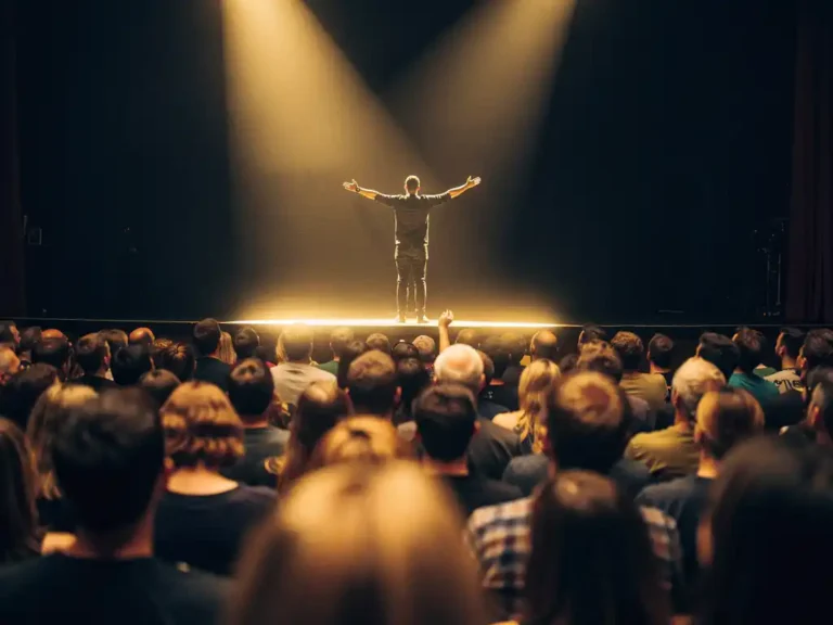Toeschouwer aan de rand van een verlicht podium met opgeheven armen, omringd door een meegevoerde menigte in een intieme concertzaal.