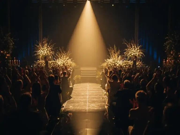 Spotlight verlicht applaudisserende gasten in een elegante evenementenhal met bloemeninstallaties, gouden amberverlichting en donkerblauwe schaduwen.