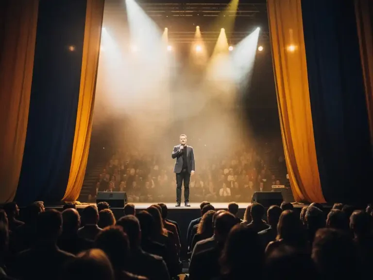 Spreker op verlicht podium voor een volle zaal, dramatische spotlights door nevel, marineblauw en goudkleurige banners, lage camerahoek.