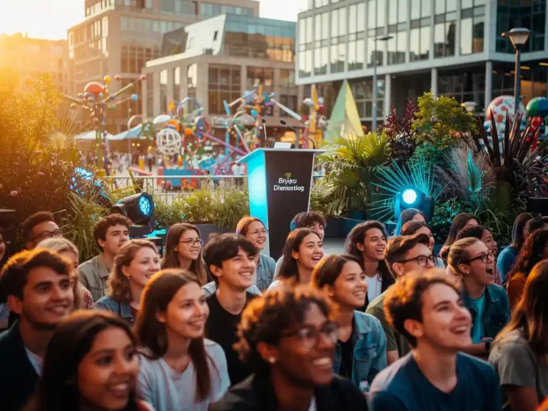 Studenten verzameld bij een buitenevenement in Amsterdam, verlicht door amberkleurig en blauw podiumlicht tijdens het gouden uur.