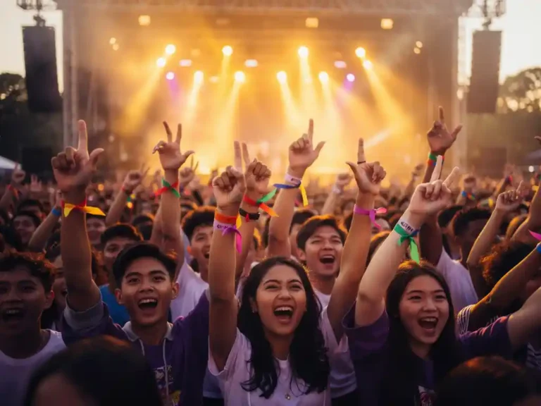 Juichende studenten met kleurrijke polsbandjes bij een openlucht introductie-evenement, verlicht door warm amber en violet podiumlicht.
