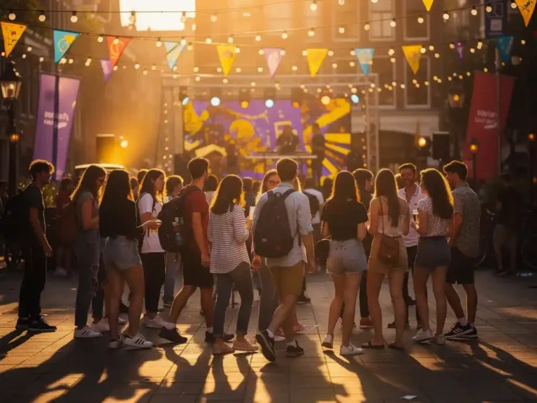 Studenten verzameld rond een verlicht podium op een buitenfestival in Amsterdam, met slingerlampen en gouden avondlicht.