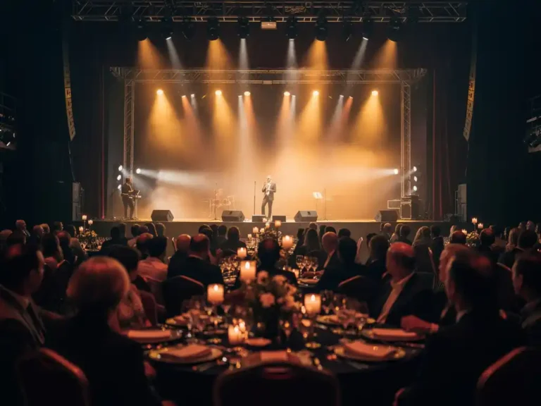 Theaterzaal met amberkleurig verlicht podium, betrokken publiek en elegante tafeldecoraties in marineblauw en goudtinten.