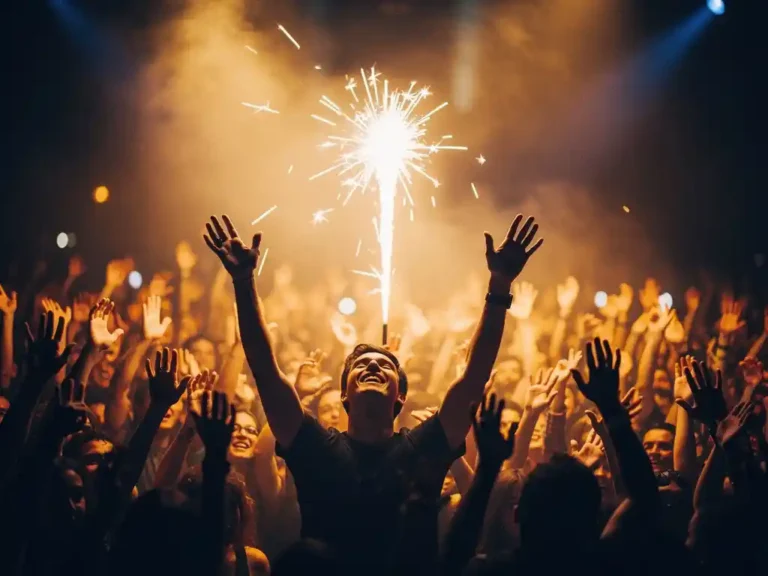 Opgestoken handen van een juichende menigte bij een grootschalig liveconcert, verlicht door warm amberkleurig podiumlicht en atmosferische nevel.