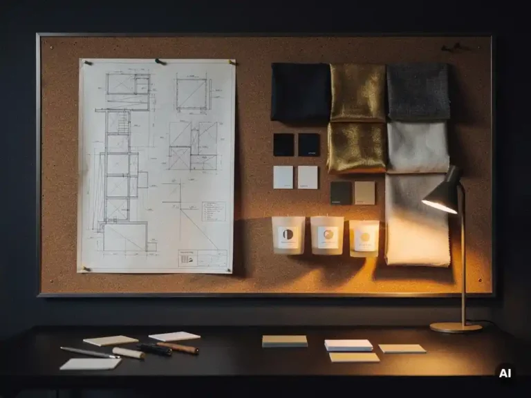 Moodboard met stofelanden en kleurstalen naast blauwdrukschets op kurkbord, verlicht door een architectenlamp op donker studio-bureau.